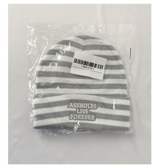 Assholes Live Forever Striped Patch Beanie Hat One Size Grey White New Skully - Picture 3 of 4